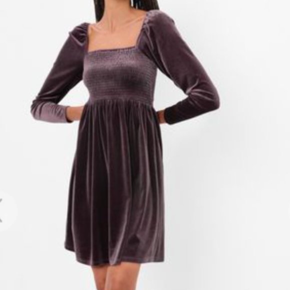 Smocked Velvet Mini Dress - Picture 1 of 9